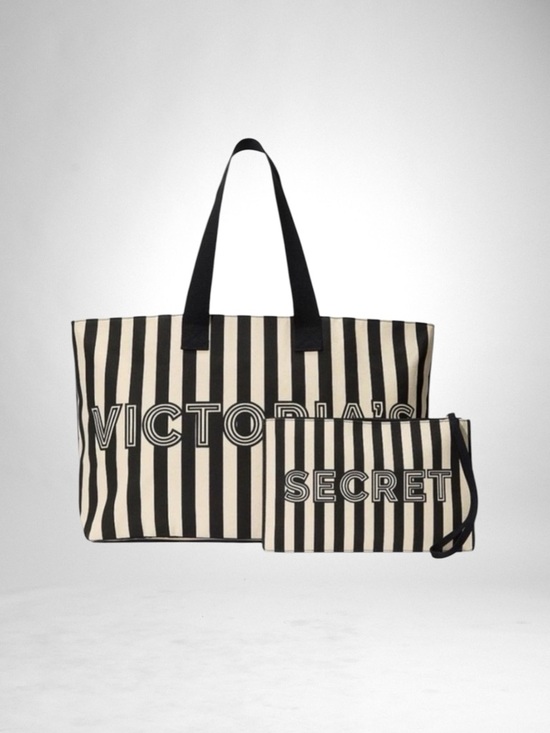 Victoria's Secret Handbags - Victoria's Secret Black and White Striped Tote Set NWT